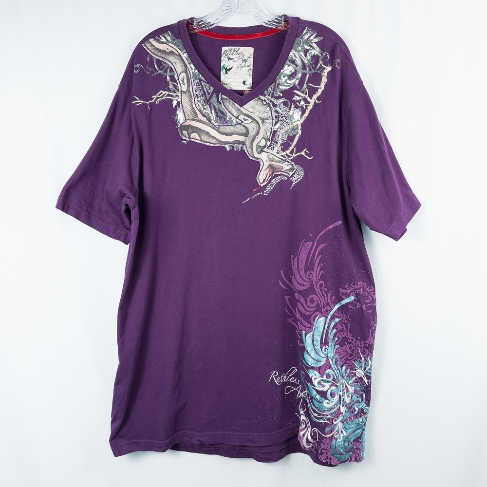 Vintage Y2K Ruthless Art Embellished V Neck T Shirt 3XL Snake Grunge Streetwear